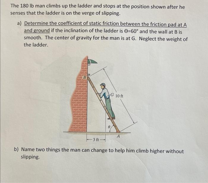 Solved The 180 lb man climbs up the ladder and stops at the | Chegg.com