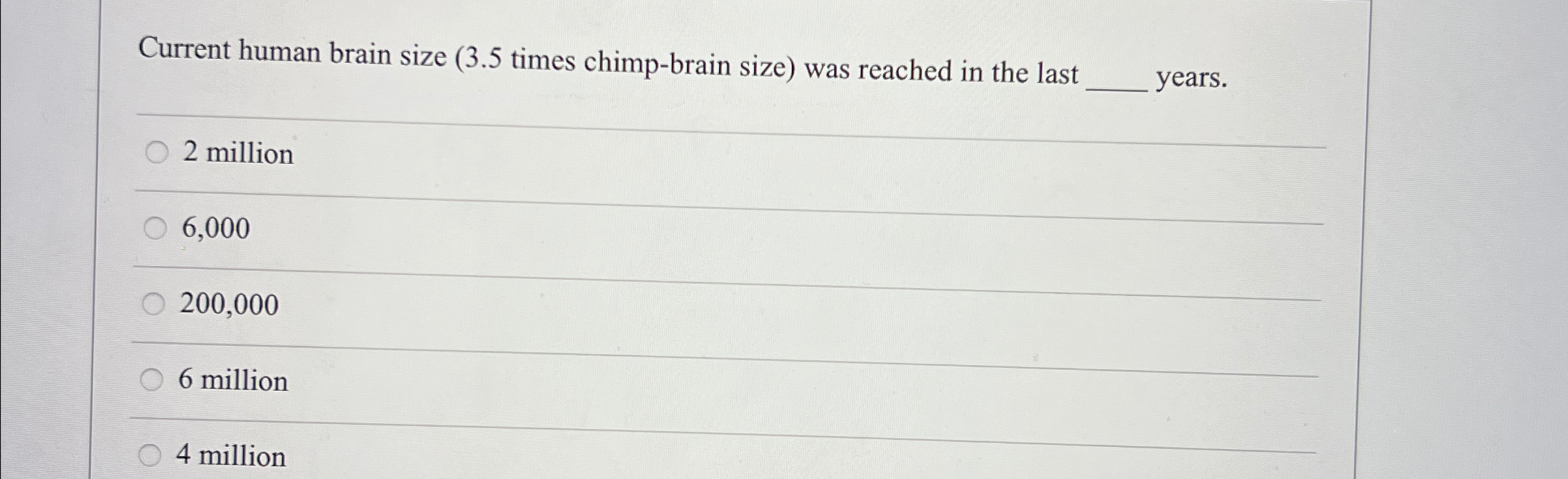 Solved Current human brain size ( 3.5 ﻿times chimp-brain | Chegg.com