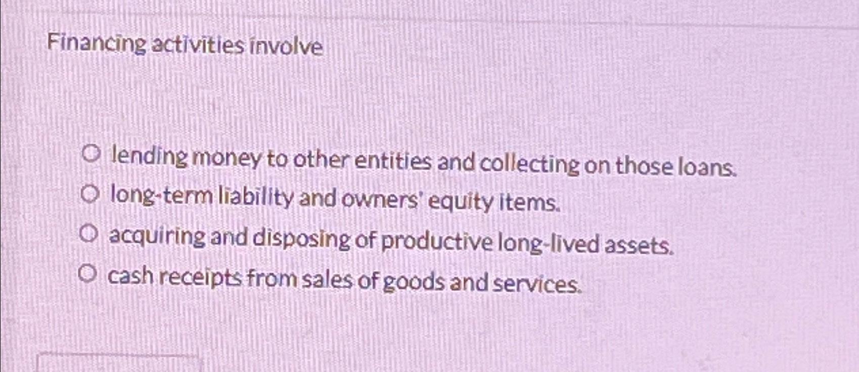 Solved Financing activities involvelending money to other | Chegg.com
