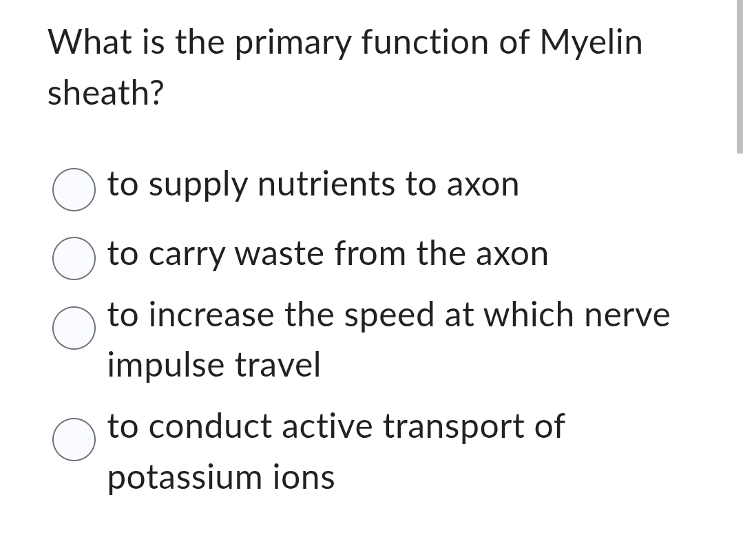Solved What is the primary function of Myelin sheath?to | Chegg.com