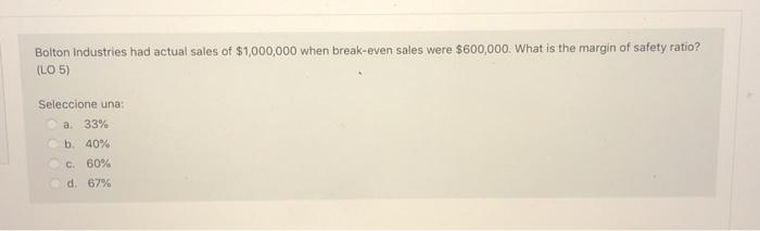 Solved Bolton Industries had actual sales of $1,000,000 when | Chegg.com