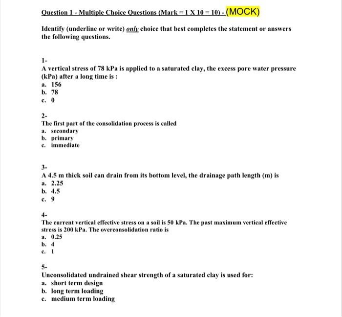 Solved Question 1 - Multiple Choice Questions (Mark = 1 X 10 | Chegg.com