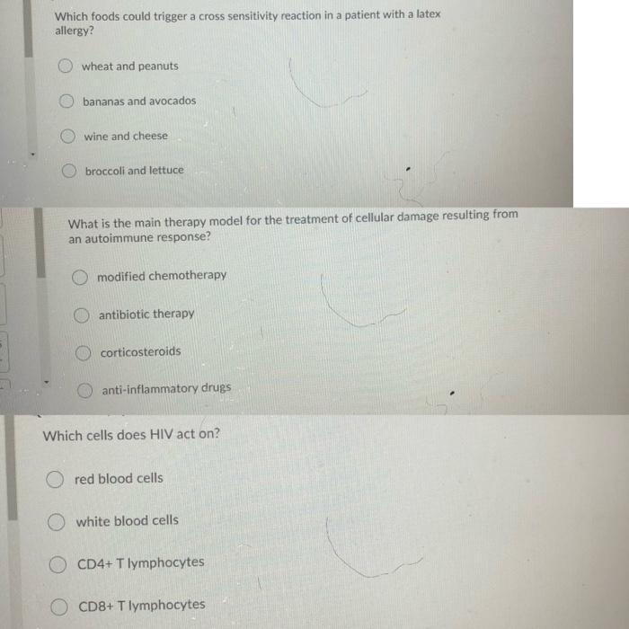 Which foods could trigger a cross sensitivity reaction in a patient with a latex allergy? wheat and peanuts bananas and avoca