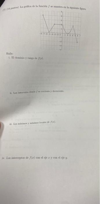 (7) (1t puntos) La șrifica de li funcían \( f \) se muestm en la siguiente ifpure. Halle: i. El docninio y rango de \( f(x) \