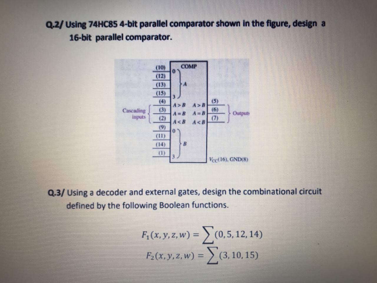 Solved q 2 using 74hc85 4 bit parallel comparator shown in chegg