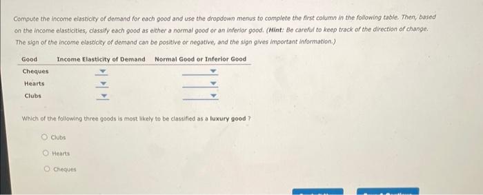 Compute the income elasticity of demand for each good and use the dropdown menus to complete the first column in the followin