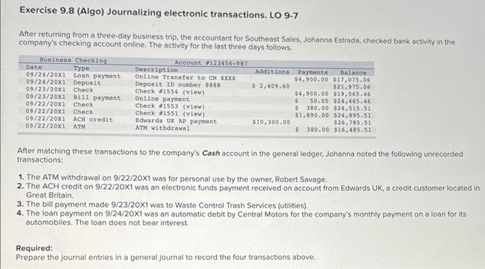 Solved Exercise 9.8 (Algo) Journalizing electronic | Chegg.com