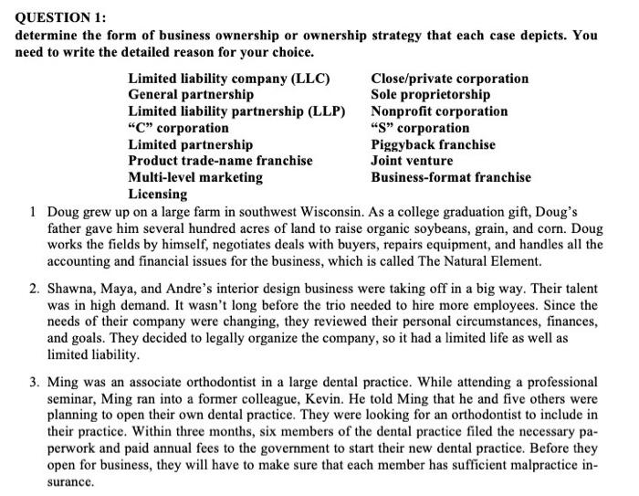 Solved QUESTION 1 determine the form of business ownership