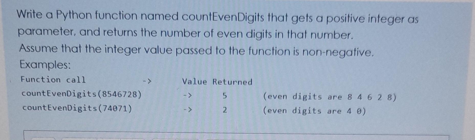 Solved Write a Python function named countEvenDigits that | Chegg.com