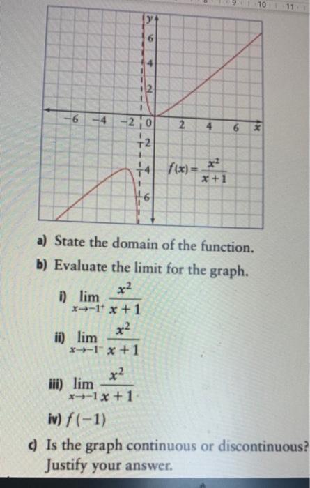 ii) lim
9
2
4
N
-6 -4
x+1
+6
a) State the domain of the function.
b) Evaluate the limit for the graph.
x²
i) lim
x-1¹ x+1
x²
