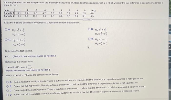 Solved You are given two random samples with the information | Chegg.com