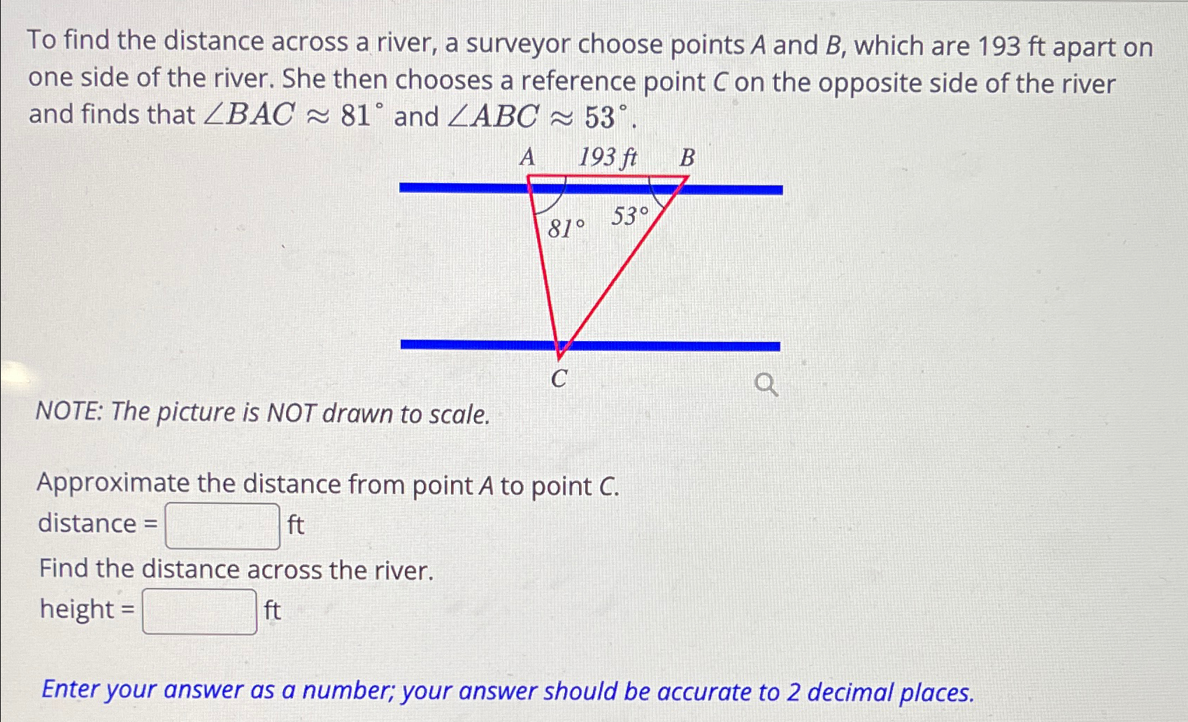 Solved To find the distance across a river, a surveyor | Chegg.com