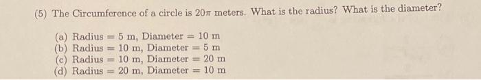 find the circumference of a circle with a diameter of 20 m