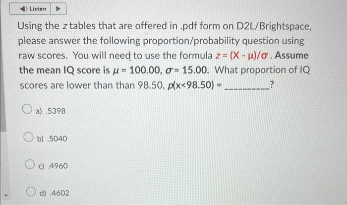 Solved Using the z tables that are offered in .pdf form on | Chegg.com