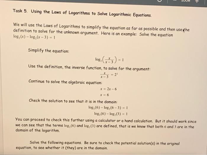 Solved + Task 5. Using the Laws of Logarithms to Solve | Chegg.com