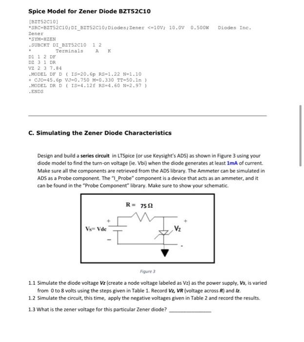 Diodes Inc. Spice Model for Zener Diode BZT52010 | Chegg.com