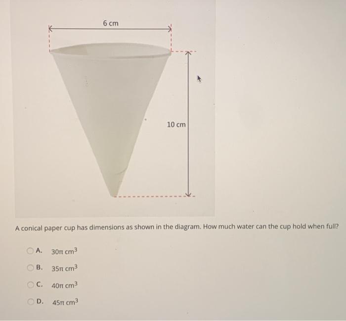 Solved 6 cm 10 cm A conical paper cup has dimensions as