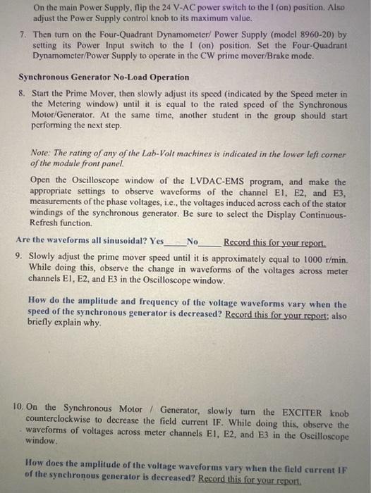 Lab Exercise 9: Synchronous Generators Introduction | Chegg.com