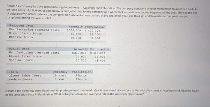 Solved Assume A Company Has Two Manufacturing Departments - | Chegg.com