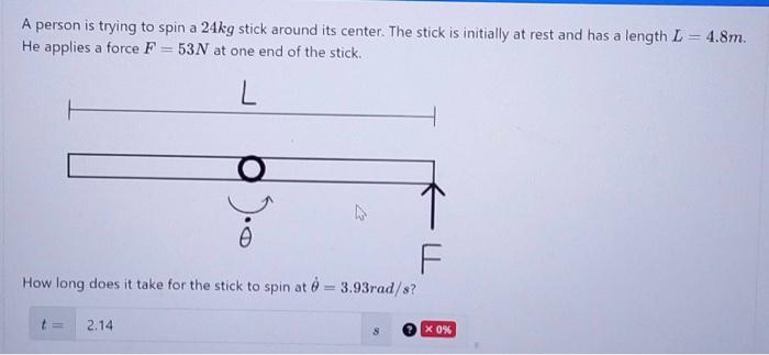 Solved A person is trying to spin a 24 kg stick around its | Chegg.com