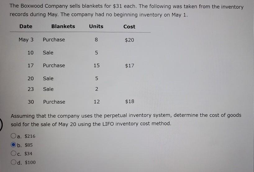 Solved The Boxwood Company sells blankets for 31 each. The