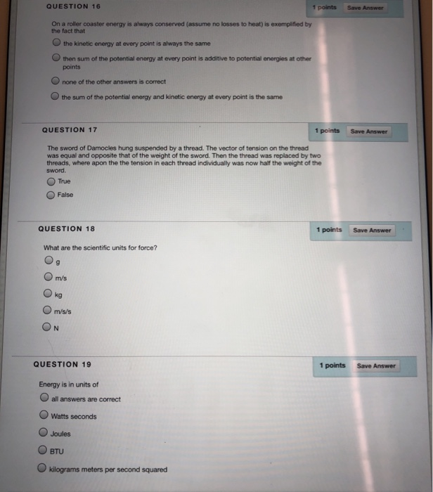 Solved Save Answer QUESTION 16 1 points On a roller coaster | Chegg.com