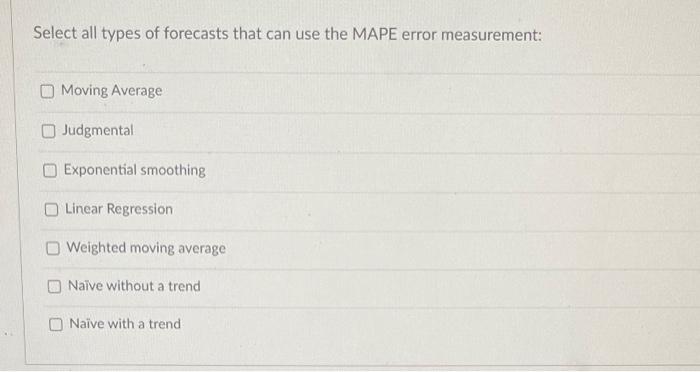 Select all types of forecasts that can use the MAPE error measurement:
Moving Average
Judgmental
Exponential smoothing
Linear