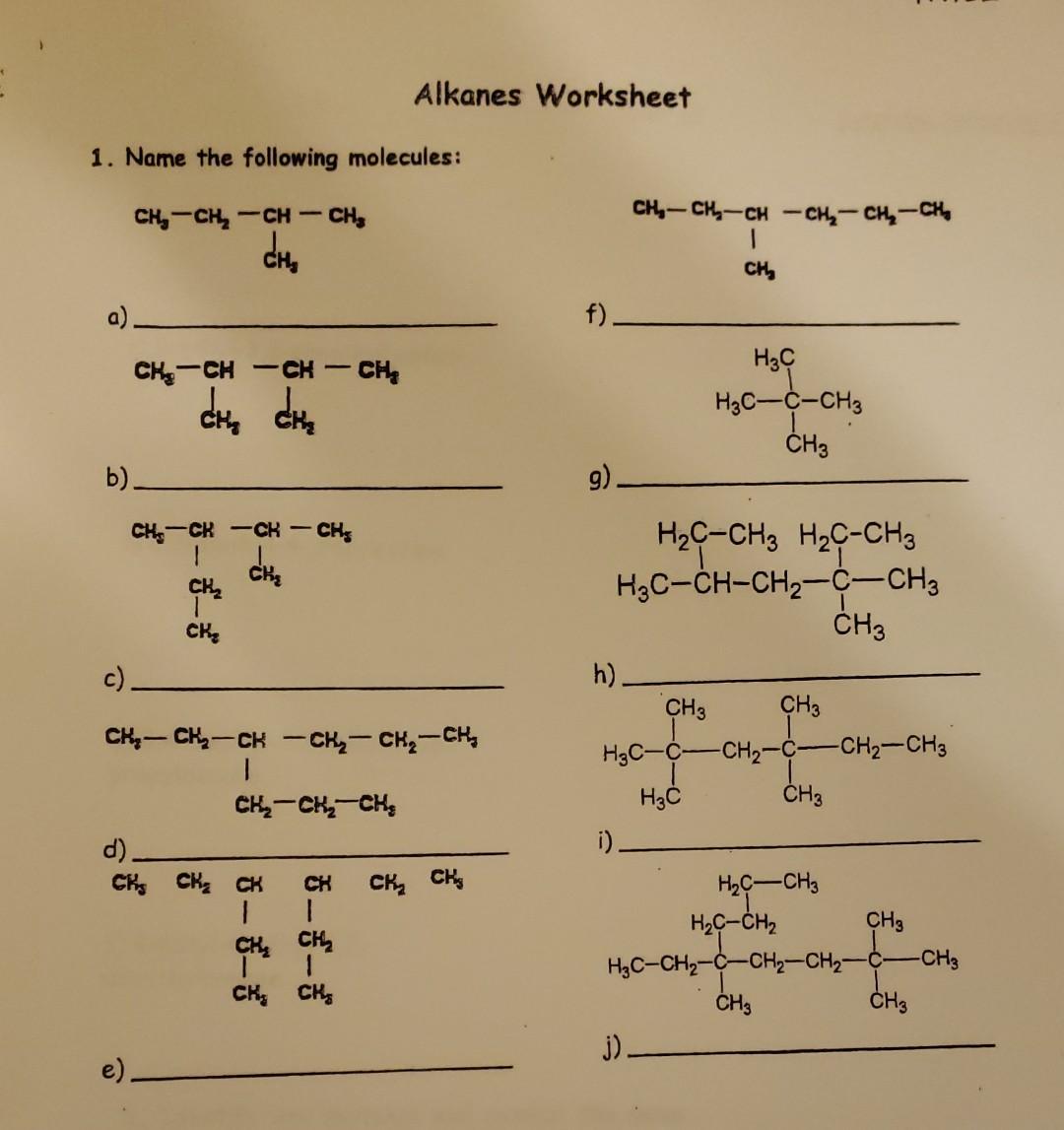 Solved Alkanes Worksheet 1. Name the following molecules f)