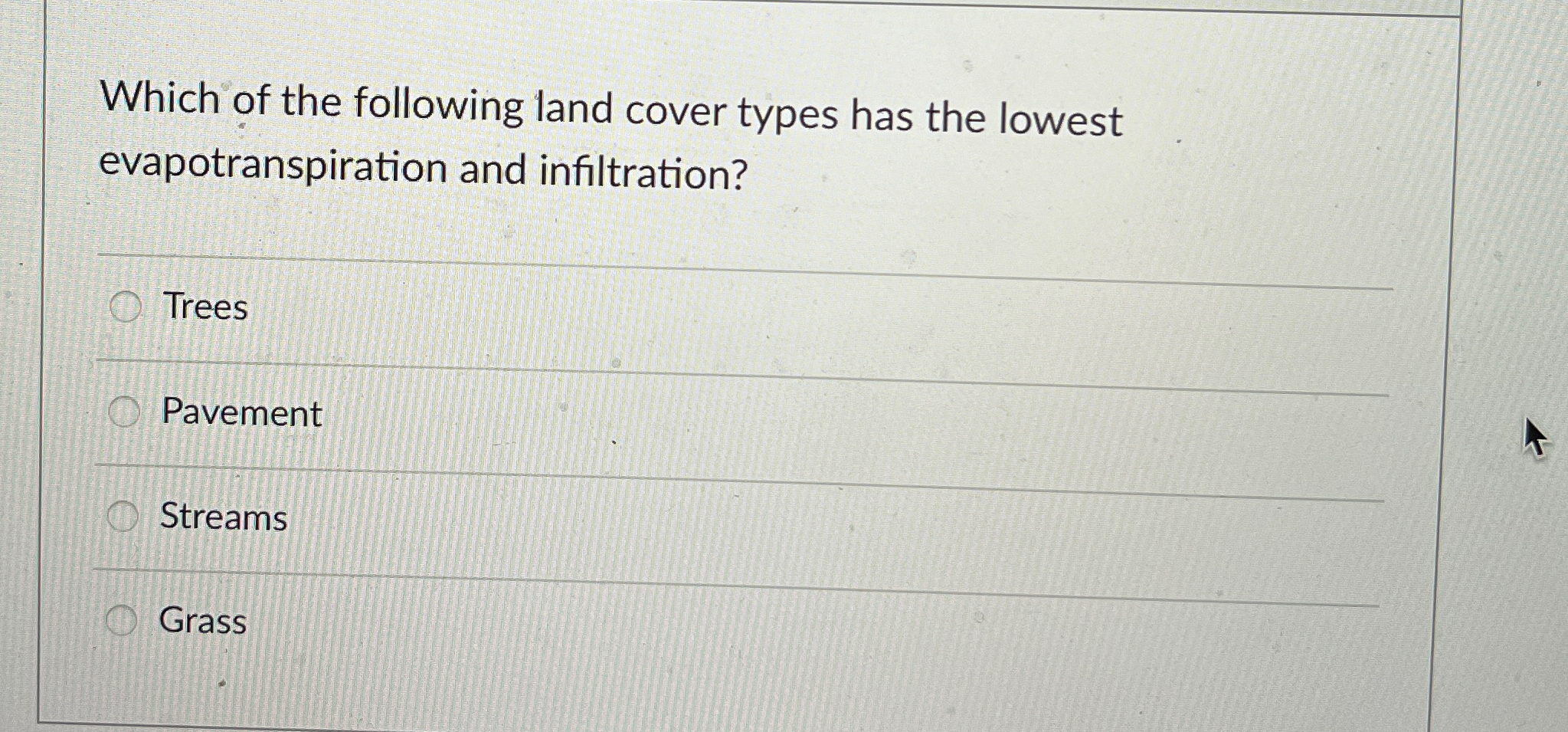 Solved Which of the following land cover types has the | Chegg.com