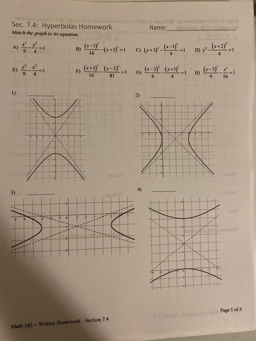 Solved Sec. 7.4: Hyperbolas Homework Match the graph to its | Chegg.com