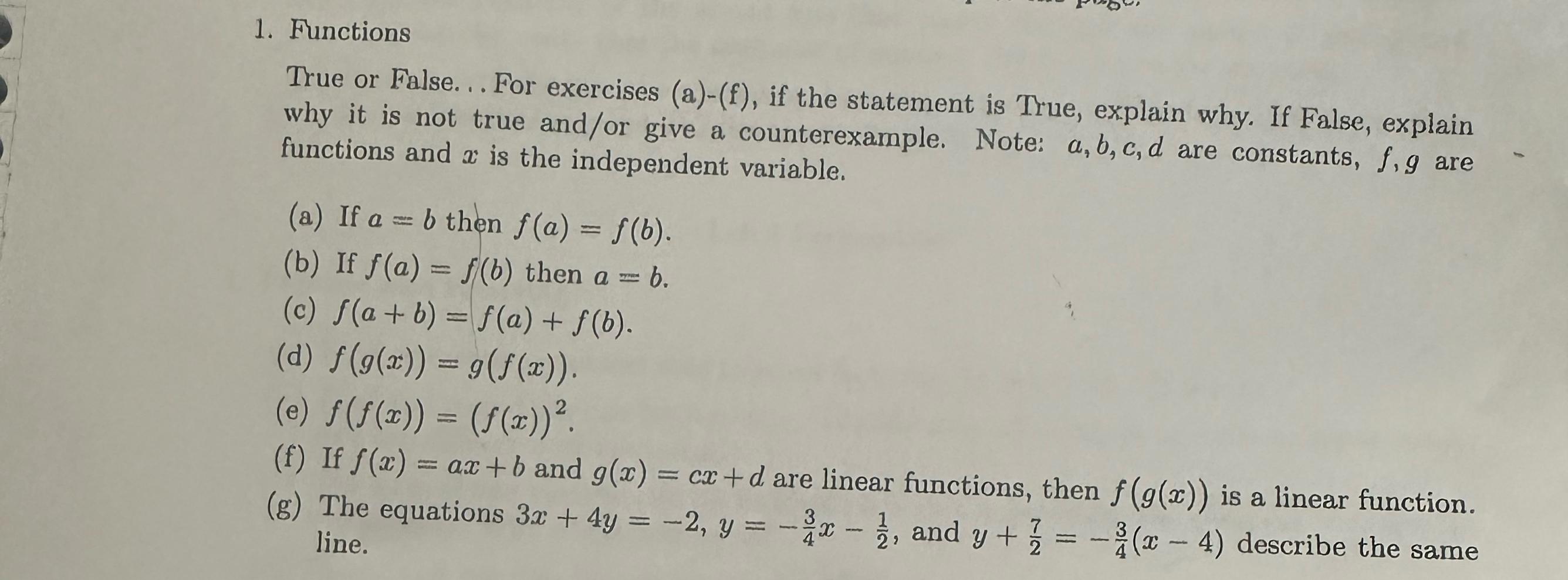 Solved FunctionsTrue or False... For exercises (a)-(f), ﻿if | Chegg.com
