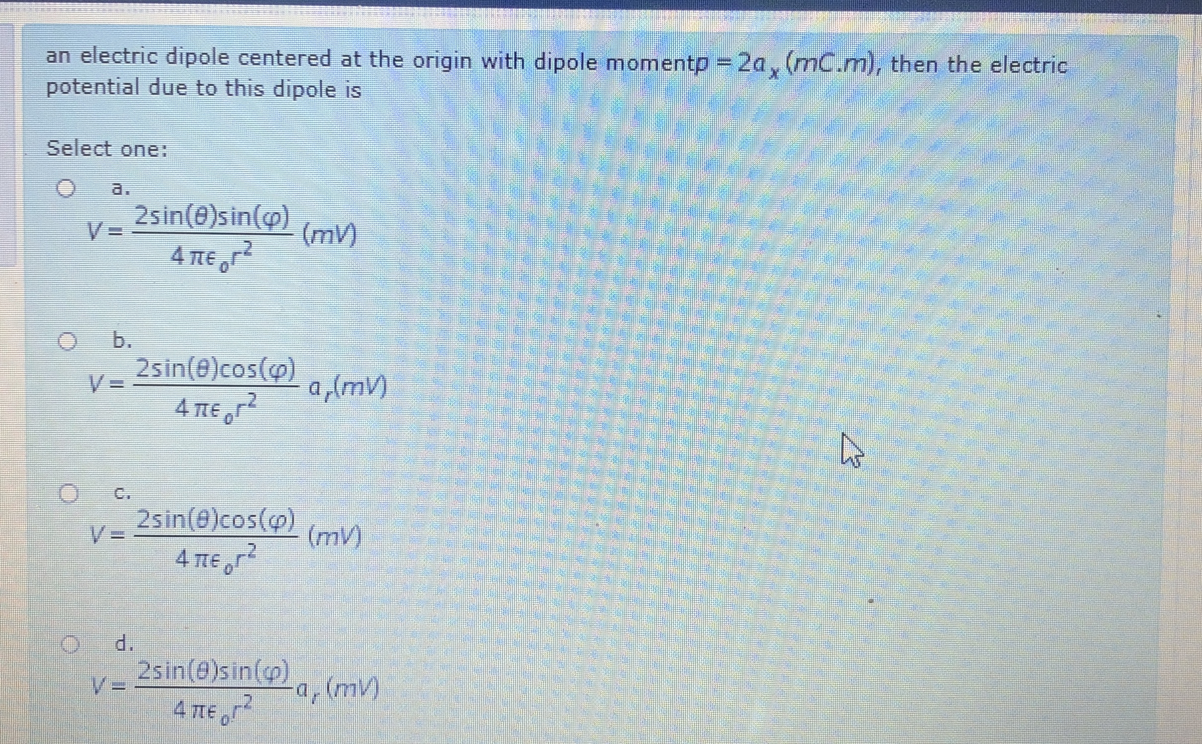 Solved an electric dipole centered at the origin with dipole | Chegg.com
