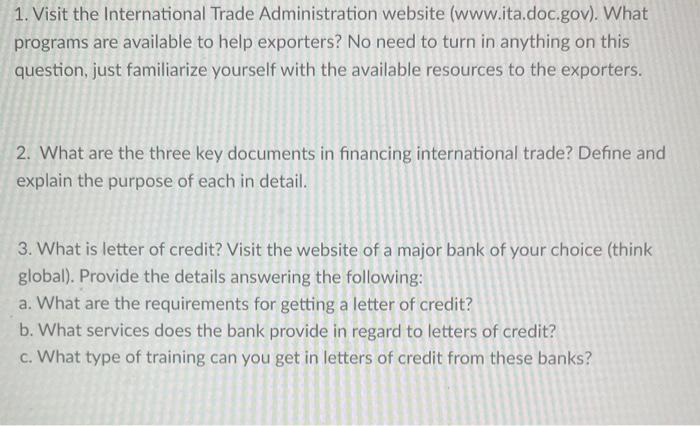 Solved 1. Visit the International Trade Administration | Chegg.com