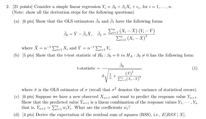 Solved 2. 21 points) Consider a simple linear regression Y, | Chegg.com