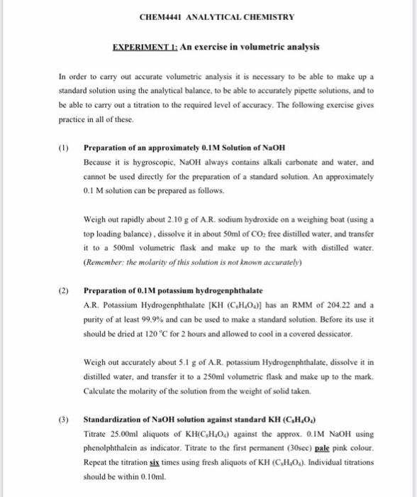 CHEM4441 ANALYTICAL CHEMISTRY EXPERIMENT 1: An | Chegg.com