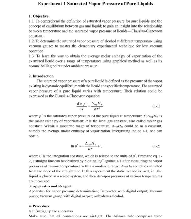 Solved Experiment 1 Saturated Vapor Pressure of Pure Liquids | Chegg.com