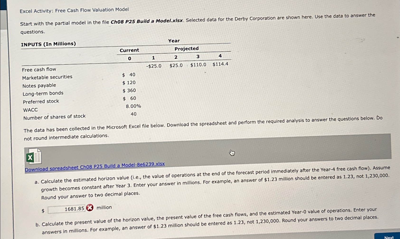 Solved Excel Activity: Free Cash Flow Valuation ModelStart
