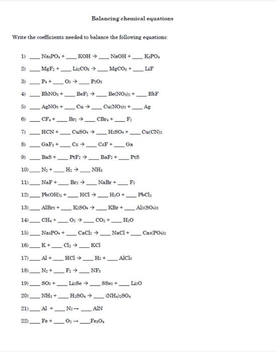 Solved Balancing Chemical Equations Write The Coefficients | Chegg.com