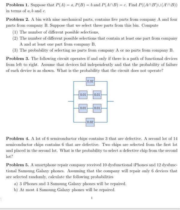 Solved Problem 1. Suppose That P(A)=a,P(B)=b And P(A∩B)=c. | Chegg.com