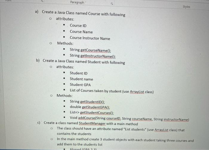 Solved FO Paragraph Styles . o . a) Create a Java Class | Chegg.com