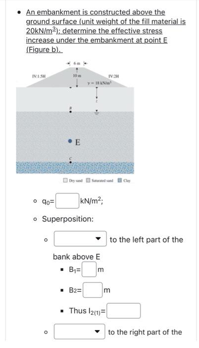 - An embankment is constructed above the ground surface (unit weight of the fill material is \( 20 \mathrm{kN} / \mathrm{m}^{