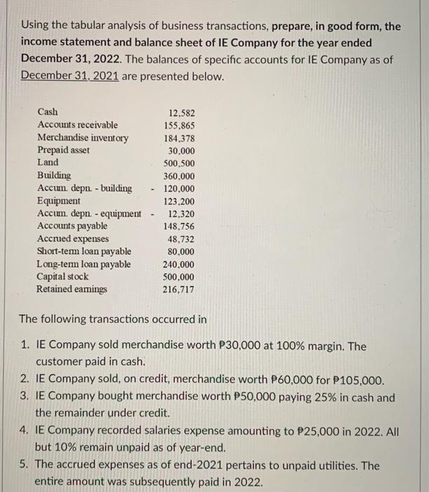 Solved Using the tabular analysis of business transactions, | Chegg.com