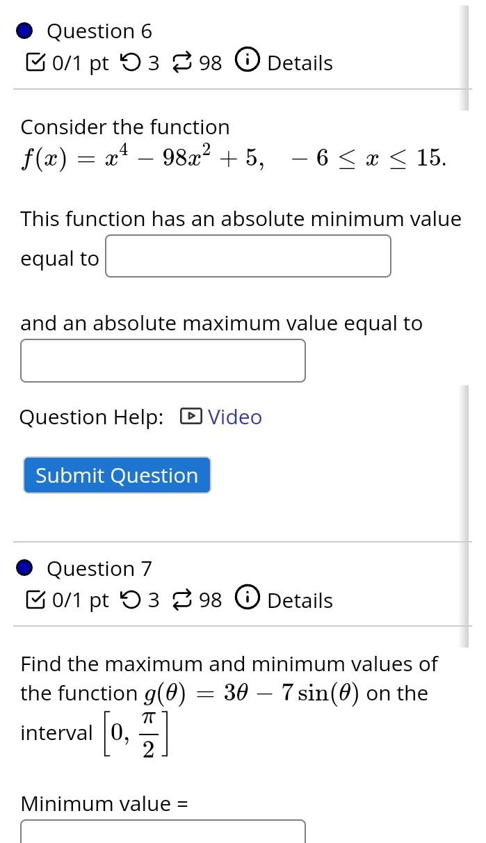Solved Question 6 B0/1 pt 53 398 0 Details Consider the | Chegg.com