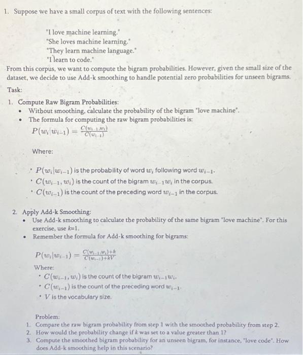 Solved 1. Suppose we have a small corpus of text with the | Chegg.com