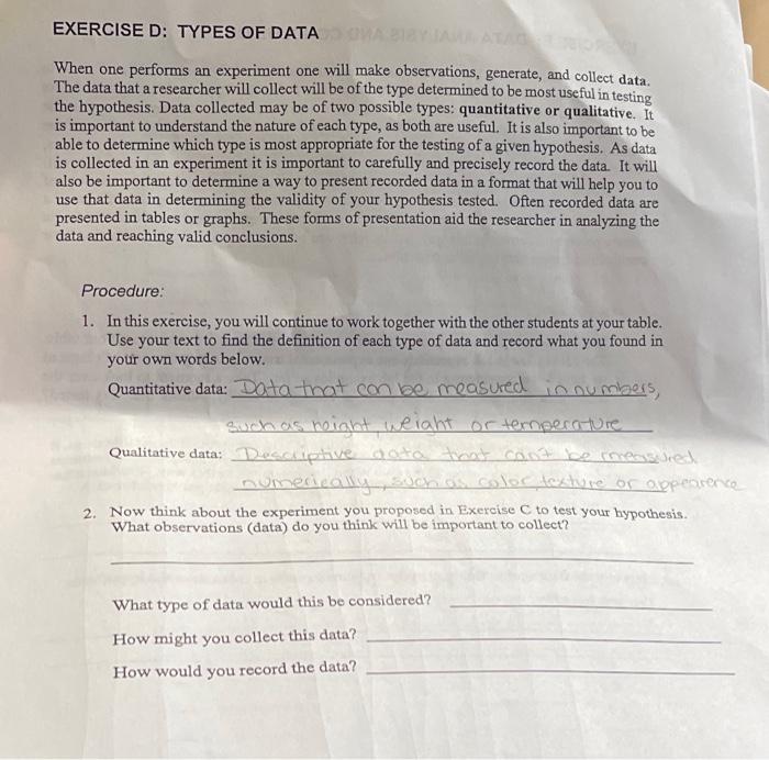 Solved EXERCISE E: DATA ANALYSIS AND CONCLUSION After | Chegg.com