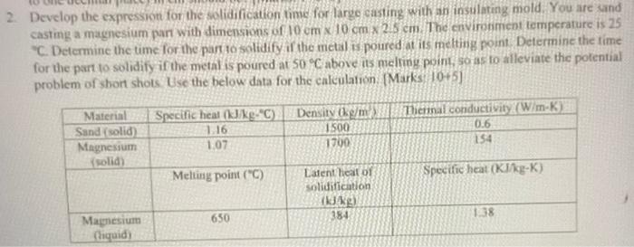 Solved 2. Develop the expression for the solidification time | Chegg.com