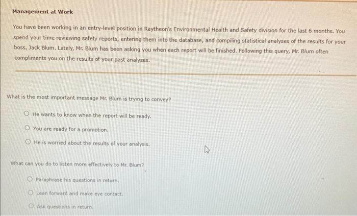 Solved Management at Work You have been working in an | Chegg.com