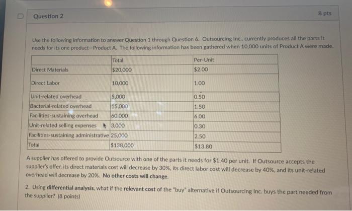 Solved Question 2 8 pts Use the following information to | Chegg.com