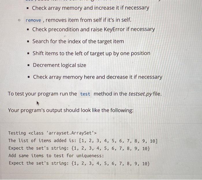 Solved In the arrayset.py file, complete the following: 1. | Chegg.com