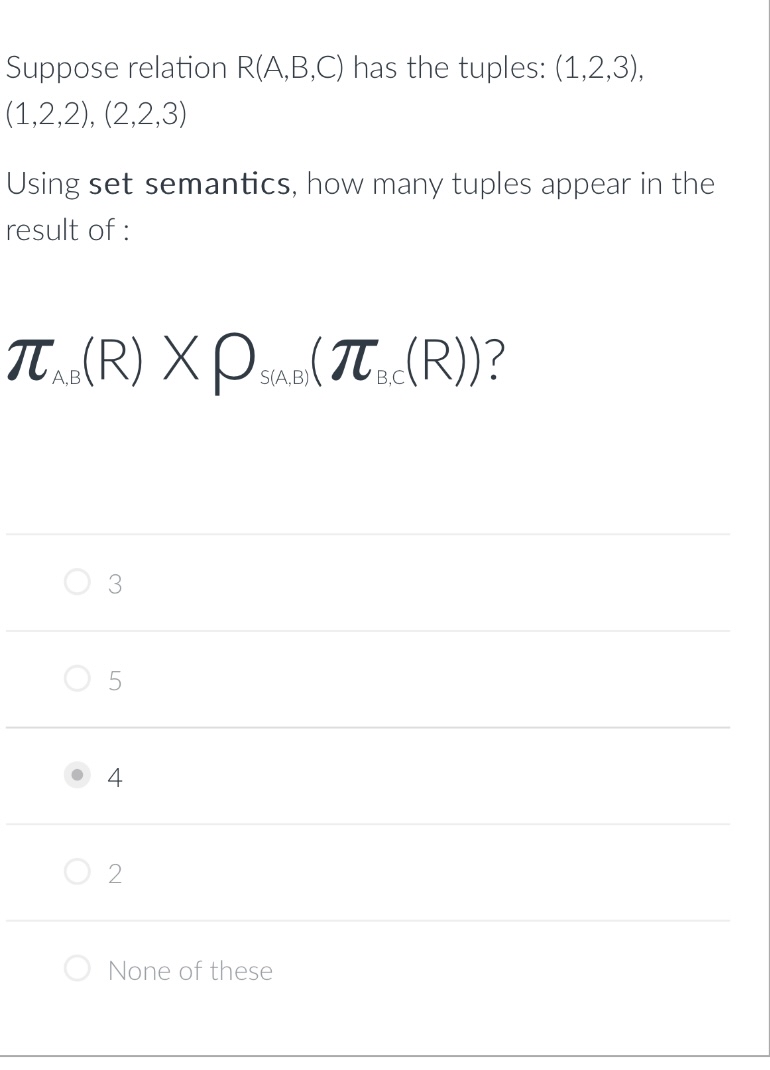 Solved Suppose Relation R(A,B,C) ﻿has The Tuples: | Chegg.com